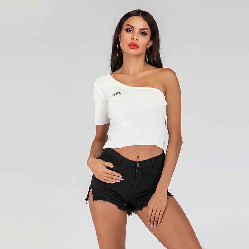 

Women' T Shirts Sexy Oblique Collar Dew Shoulder T-Shirt Women Slim Fashion Casual Knit Embroidered Top Camisetas De Mujer Haut Femme, White