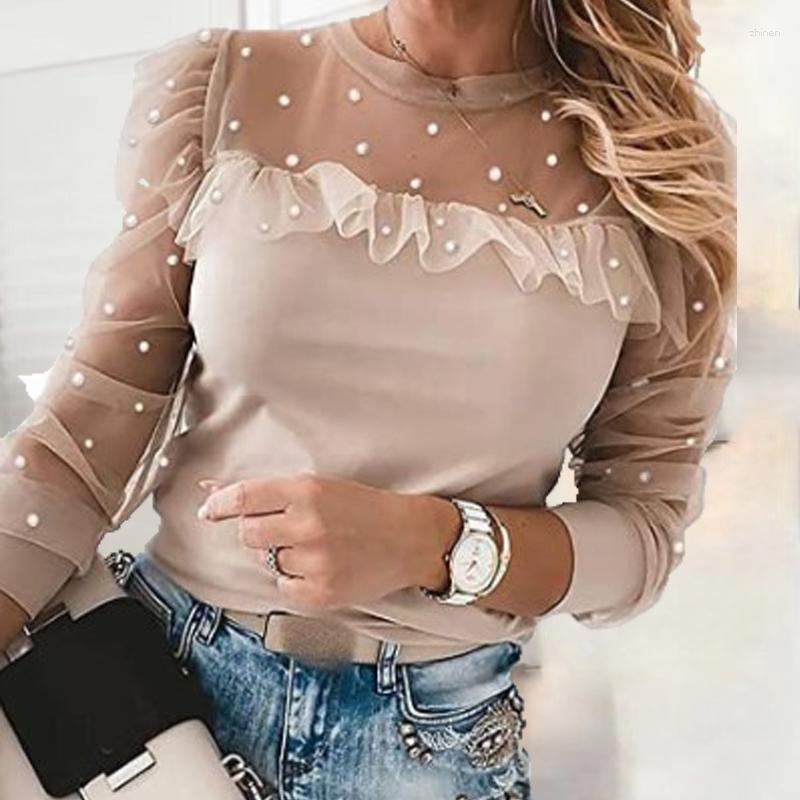 

Women's Blouses Women Elegant O Neck Mesh Patchwork Blouse Spring Autumn Casual Long Sleeve Slim Ladies Top Streetwear Female Shirt Blusas, 03 pink
