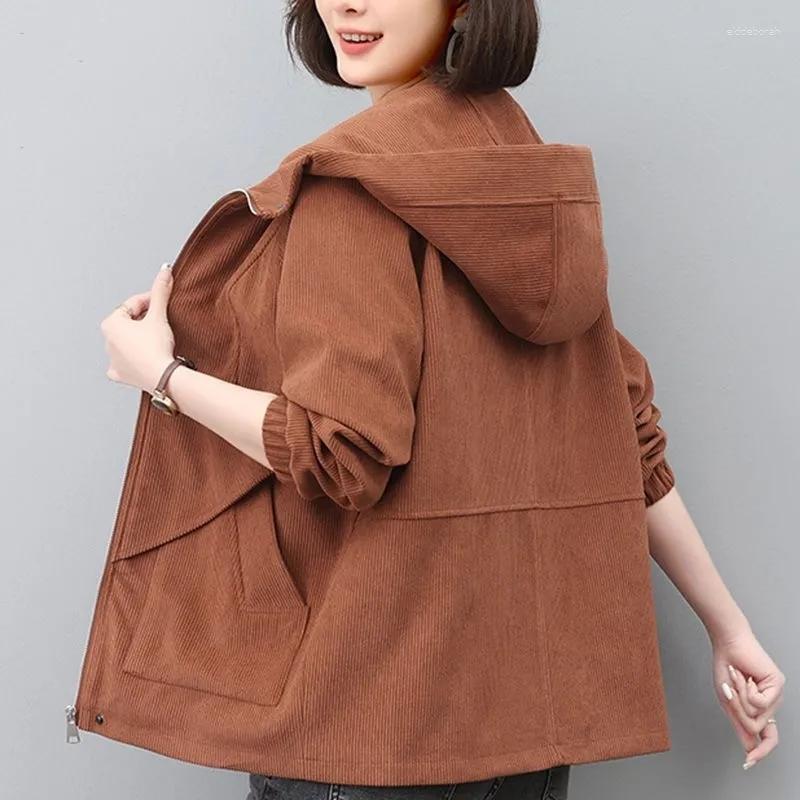 

Women's Jackets Women's Jacket Spring 2023 Long Sleeve Corduroy Windbreaker Famale Hooded Zipper Casual Bomber Outwear, Brown