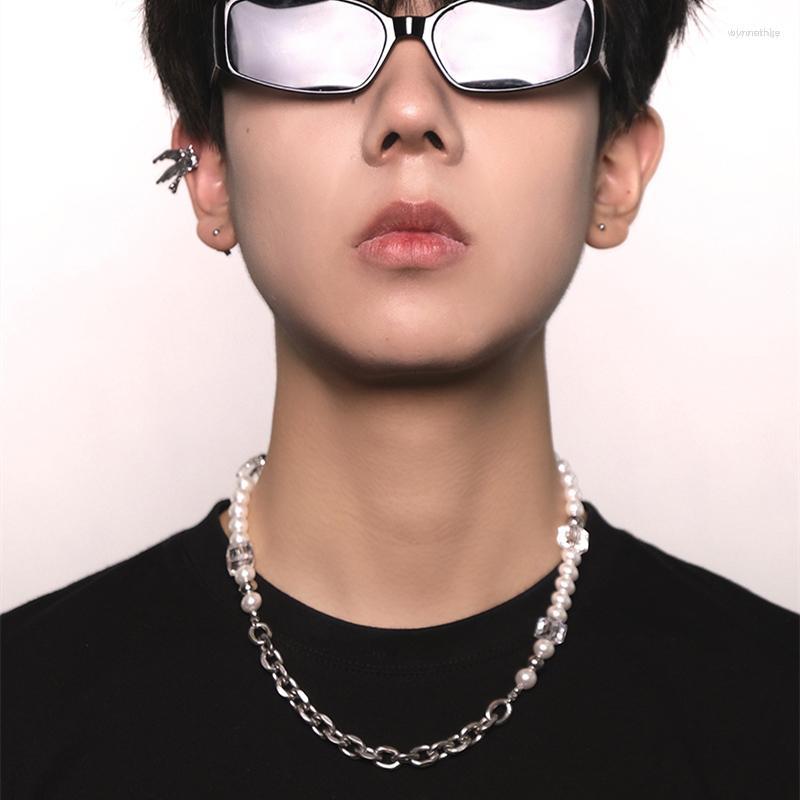 

Chains Hip Hop Titanium Steel Square Crystal Pearl Necklace Personalized Stitching Clavicle Chain For Women Girl Men Jewelry