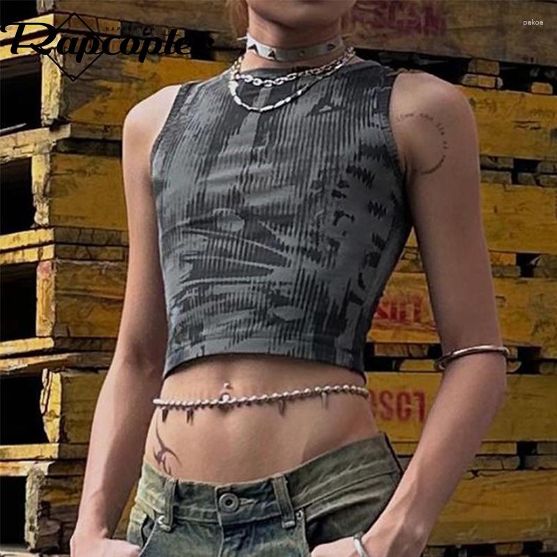 

Women' Tanks Rapcopter Printed Knitted Tank Tops O Neck Sleeveless Grunge Mini Vest Women Vintage Streetwear Chic Tee Summer Korean, Grey