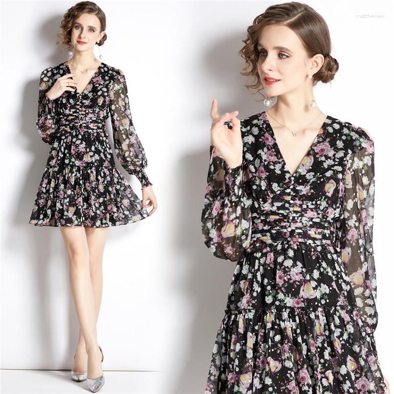 

Casual Dresses Women Trendy Mini Dresse For Party Black Color Chiffon V-neck Long Lantern Autumn Skirts Loose Softerble Floral Vestidos