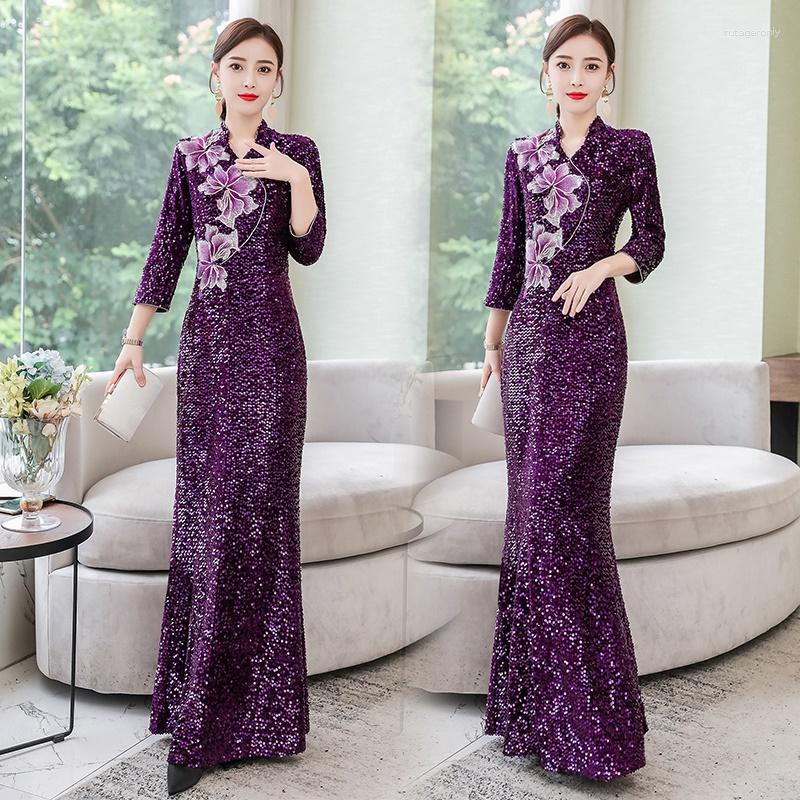 

Ethnic Clothing Purple Shiny Modern Chinese Cheongsam Qipao Women Long Oriental Dress Traditional Elegant Dresses TA1901