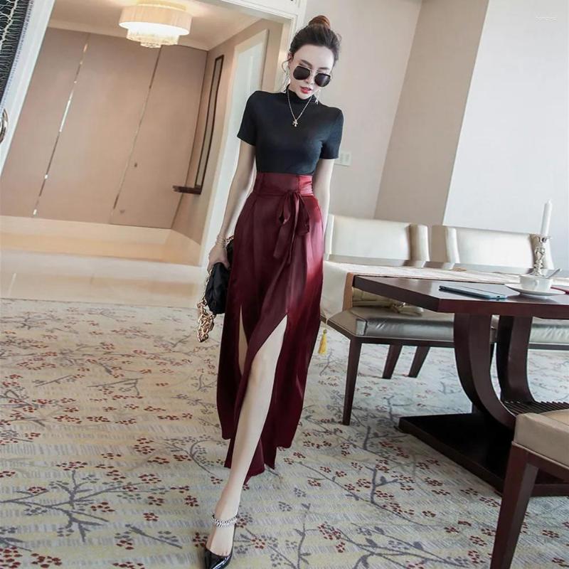 

Women' Two Piece Pants Elegant Sets Slim Short Sleeve T-shirt Fashion Burgundy Split Wide Leg Summer Outfits For Women 2023 Set, Black
