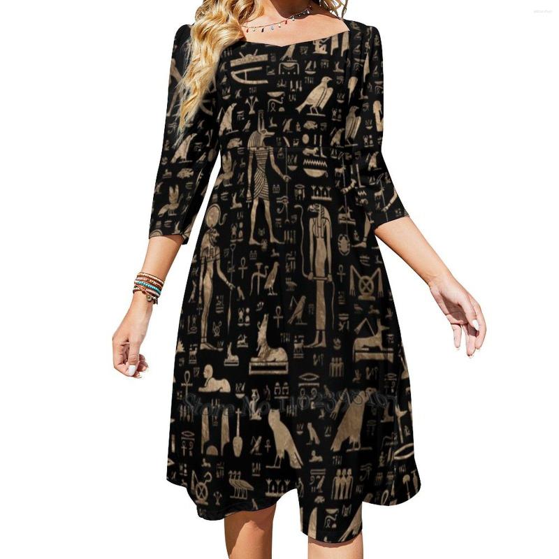 

Casual Dresses Ancient Egyptian Gods And Hieroglyphs-Black Gold Flare Dress Square Neck Elegant Female Fashion Printed, Nz015