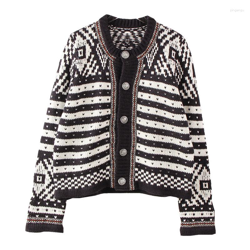 

Women' Knits Autumn Women Sweater Retro V-neck Plaid Single-breasted Cardigan Ladies Casual Urban Regular Outside Knitwear, Black