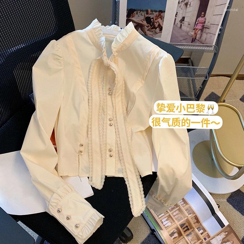 

Women' Blouses French Vintage Women Half High Collar Ruffled Short Tops Long Sleeve Chic Button Up Shirts Casual 2023 Autumn, Beige