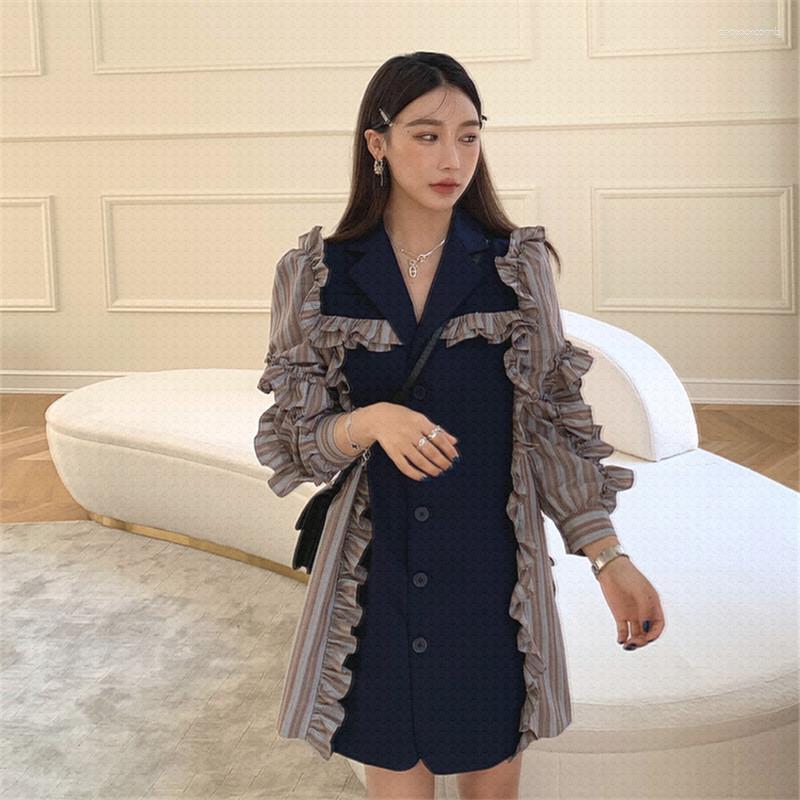 

Casual Dresses Vintage Autumn 2023 Women Dress Ruffle Patchwork Color Matching Black Irregular Retro Fashion Suit