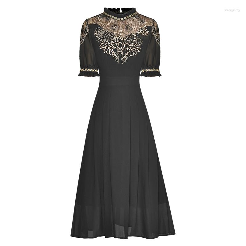 

Casual Dresses HIGH QUALITY Est Fashion 2023 Designer Women' Round Neck Short Sleeved Hollowed Out Embroidery Long Dress, Black