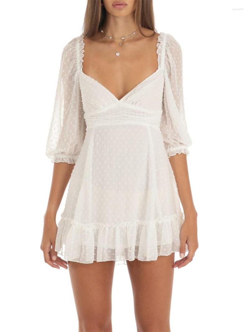 

Casual Dresses Women' Summer A-line Dress Middle Sleeve Sweetheart Neck Swiss Dot Short Chiffon, White