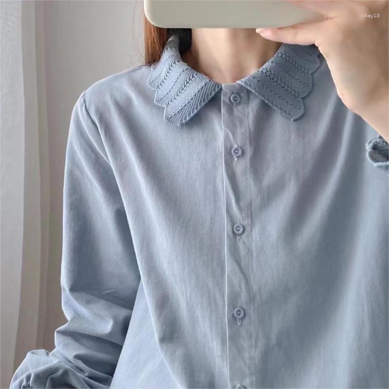 

Women's Blouses LuckBN Temperament Doll Neck Brushed Shirt Women's Solid Color Knitted Lace 2023 Spring Underlay, White