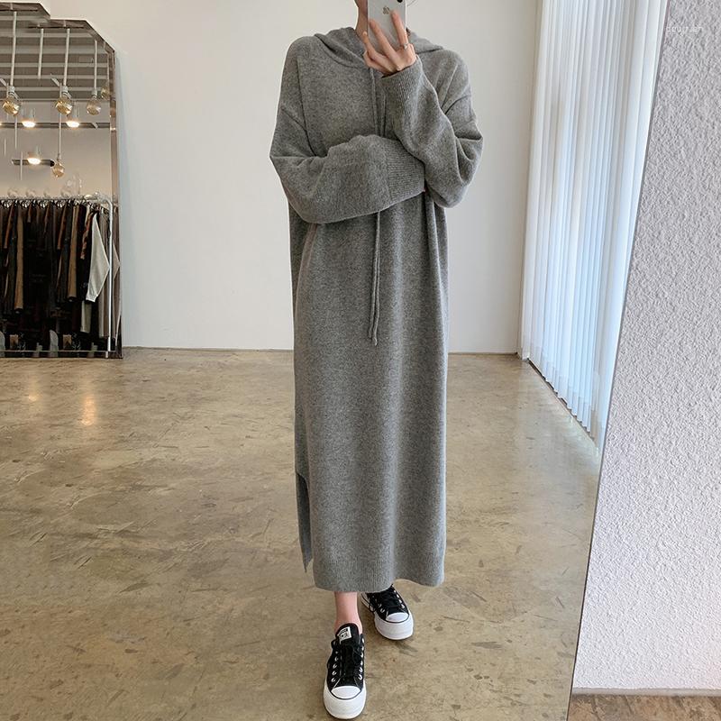 

Casual Dresses Autumn And Winter Loose Knee Length Sweater Dress Split Hooded Knitted Women' Woollen, Gray