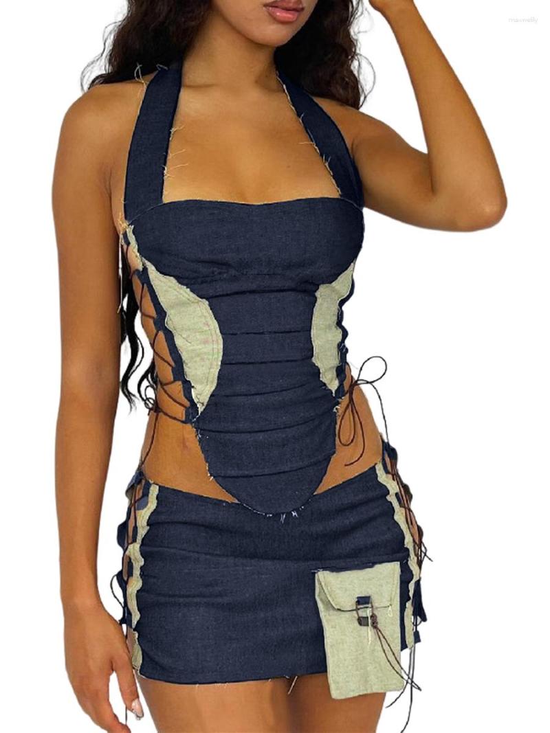 

Two Piece Dress Vintage Patchwork 2 Matching Set Sexy Hollow Out Tie Up Halter Crop Tops Bandage Mini Pencil Skirt Backless Camisole, Blue-3