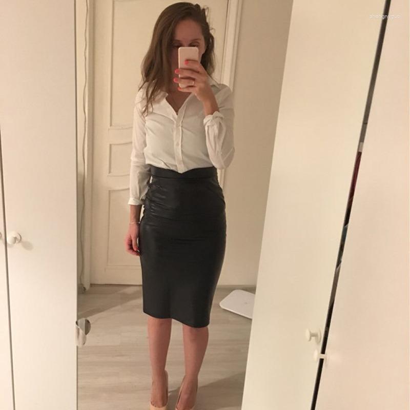 

Two Piece Dress Pu Leather Skirts Women Sexy Slim Thin Package Hip Skirt High Waist Pencil Fashion Step Jupe Femme, Black