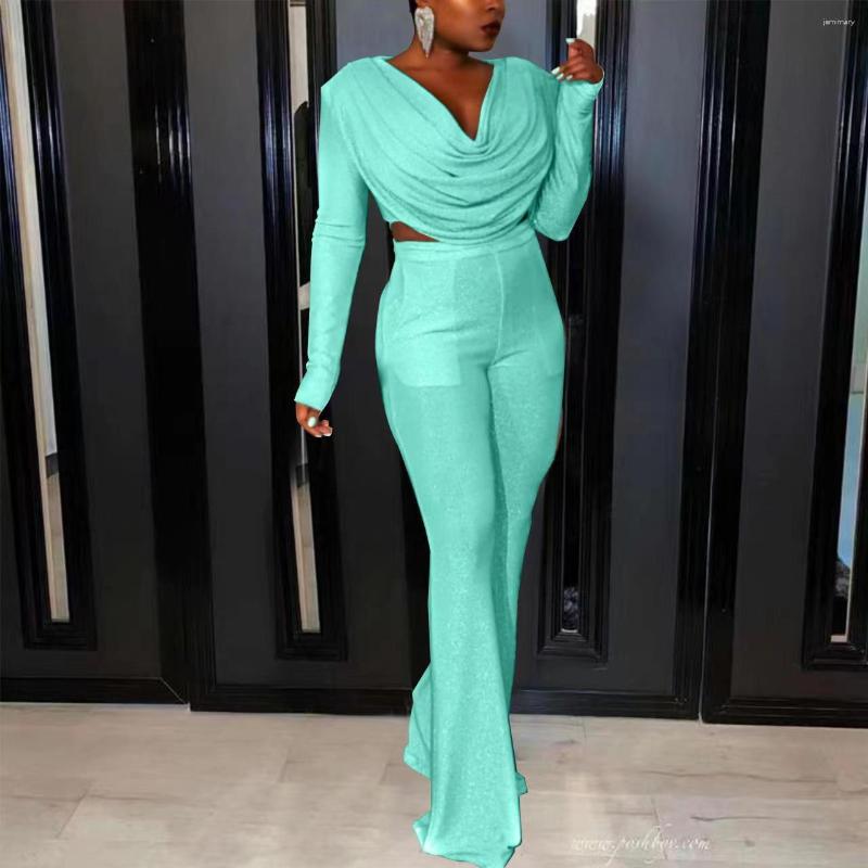 

Women's Two Piece Pants 2023 Arrival Young Sexy Club Sweet Solid High-end Deep V-Neck Full Sleeve Long Boot Cut Skinny Women 2 Set, Green diamonds