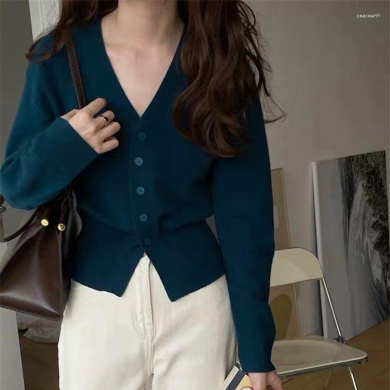 

Women's Knits V Neck Knitted Cardigan Women Autumn Sweaters Casual Simple Slim Waist Jumper Solid Color Knitting Elegant Korean Knitwear, Green