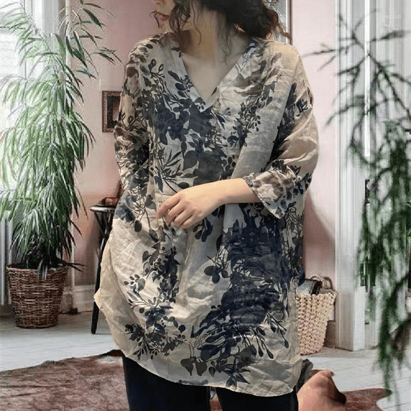 

Women's Blouses Cotton Linen Loose Printed Women Shirts Summer Vintage 2023 V-Neck Half Sleeved Casual All Match Female Pulls Tops, Dark green