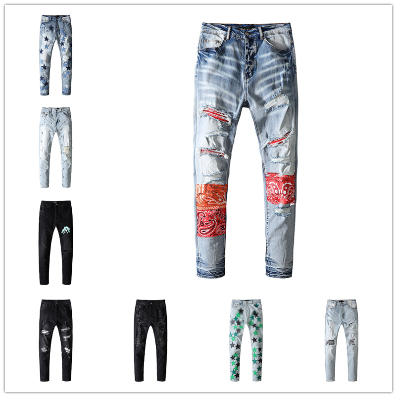 

Luxurys Designers Jeans Distressed France Amiris amirs Fashion Pierre Straight Men's Biker Hole Stretch Denim Casual Jean Men Skinny Pants Elasticit, 42