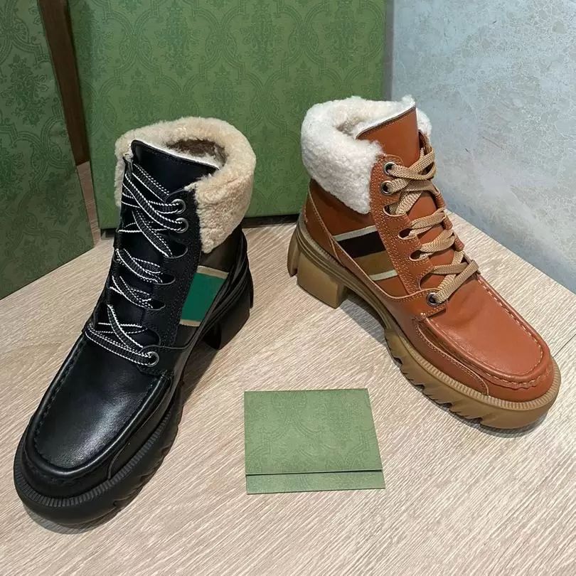 

Wool Boots Lace-Up Martin Boot Trainers Shoes 100% Leather Sneaker Cowhide Casual Fashion Platform Thick Bottom High Top Women Designer Warm Large size 35-42 with box, Brown+sheepskin lining
