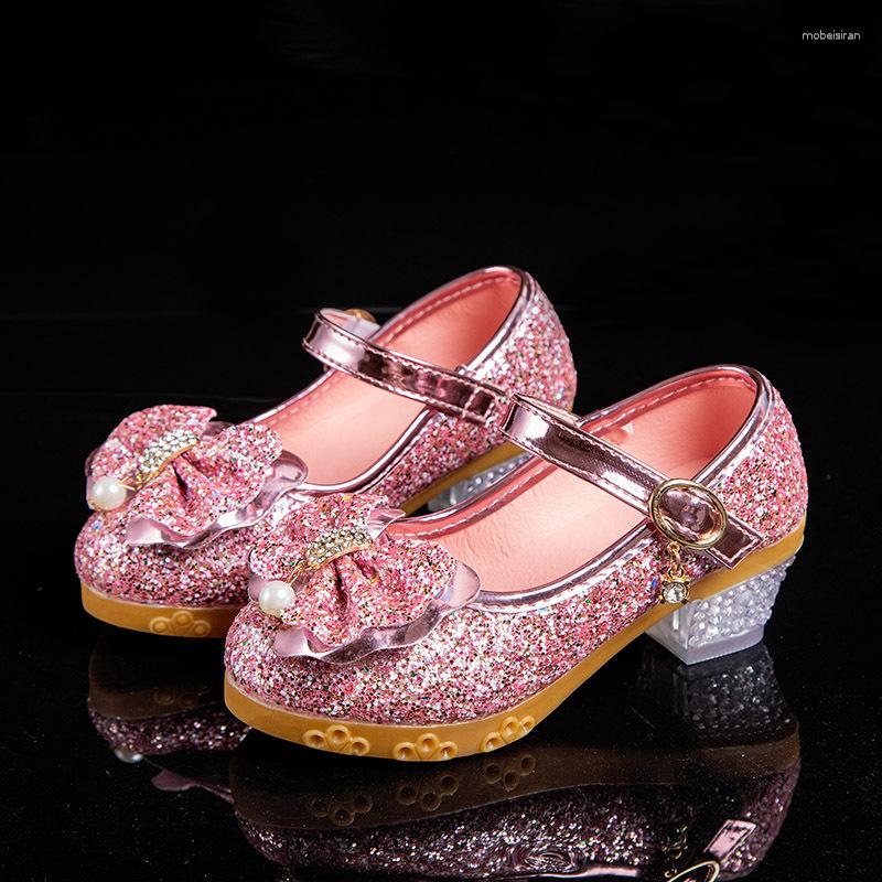 

Flat Shoes Children Crystal Bow Wedding Girls Princess Dance Silver Leather Dresses For Kids High Heels Party School 3-12 Years, Rose red