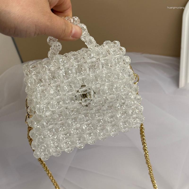 

Evening Bags Summer Cute Handmade Square Homemade Beaded Bag Fashion Metal Chain Diagonal Crossbody Versatile Woven Women's Handbag, Champagne