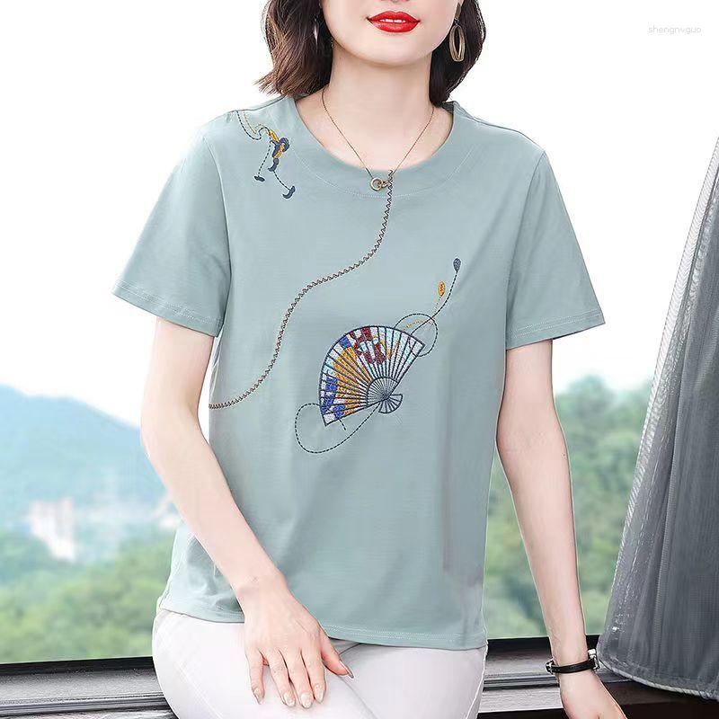 

Women's T Shirts 2023 Women's Clothing Elegant Round Neck Loose Simplicity Embroidery Short Sleeve Pullovers Solid Color Comfortable, Green