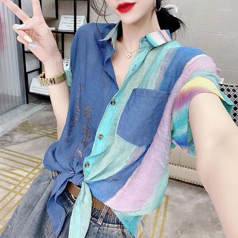 

Women' Blouses 2023 Summer Office Lady Shirt Stylish Turn-down Collar Spliced Casual Pockets Tops Women Single-breasted Chic Bandage Blouse, Ink painting