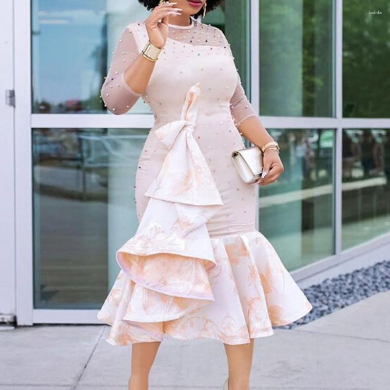 

Party Dresses Dressv Cocktail Sexy Beaded High Waist Hip Ruffle Patchwork Long Sleeve Round Neck Pullover Elegant Short, Champagne