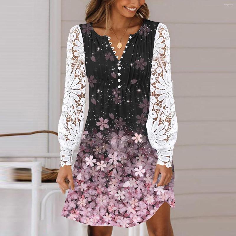 

Casual Dresses Women Printing Crew Neck Button Pleated Lace Hollow Stitching Long Sleeve Mini Dress Cute Summer, Beige