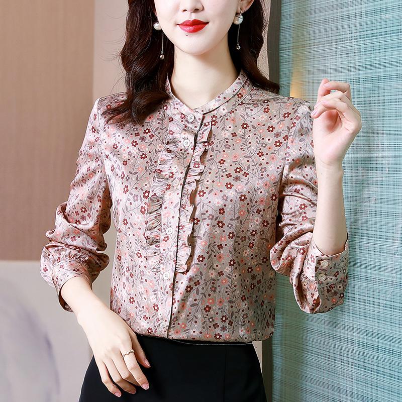 

Women' Blouses Silk Women Shirts 2023 Fashion Satin Long-sleeve Blouse Print Womens Tops O-neck Lace Button Up Shirt OL Elegant Female, Mixed