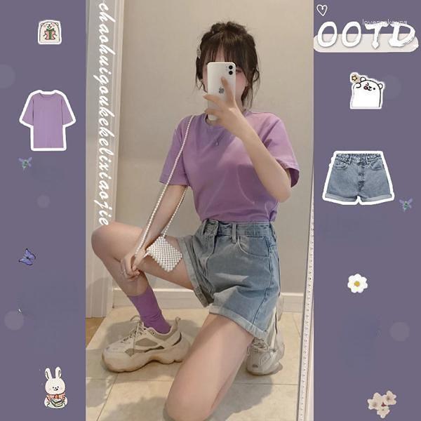 

Women' Tracksuits Summer 2023 Korean System Ins Purple T-shirt Small Child Fashionable Mini Jeans Short Skirt Two-piece Set Y2k, Shirt only