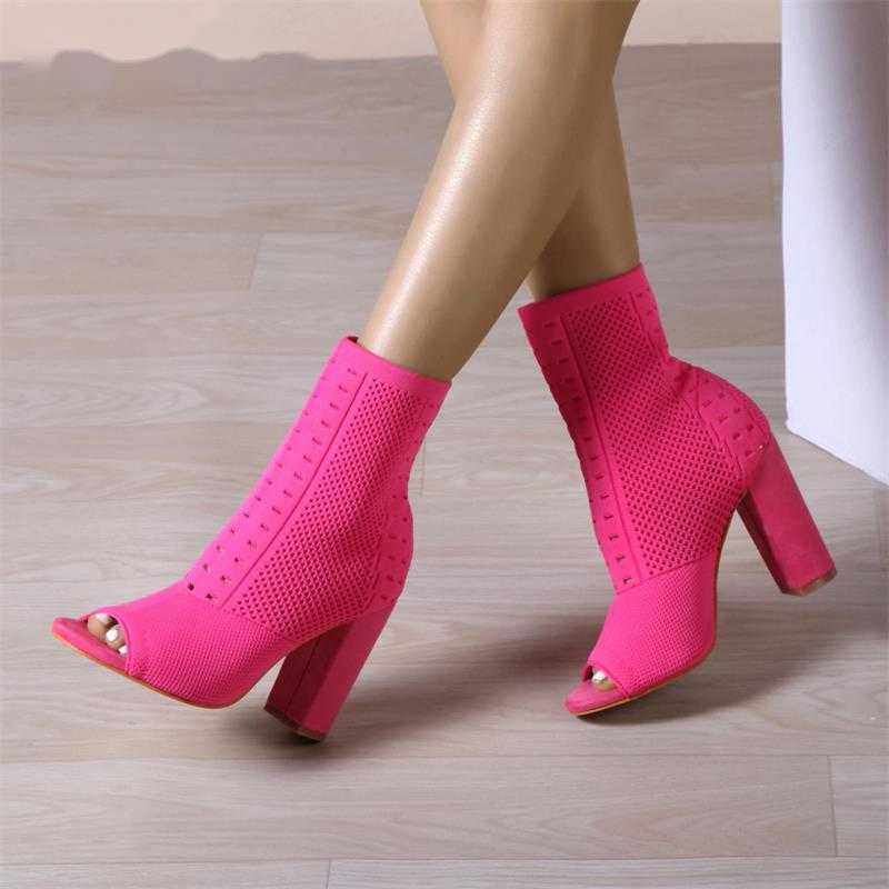 

Sandals Peep Toe Fashion Knitted Stretch Fabric Socks Boots Women Square High Heels Dance Chelsea Botines Shoes Spring/autumn 230511, Blue
