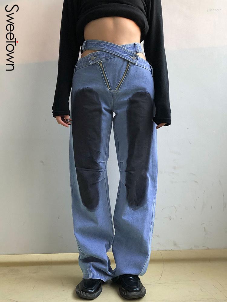 

Women' Jeans Korean Fashion Hollow Cross High Waist Loose Fit Women' Zipper Design Stitched Straight Leg Street, Blue