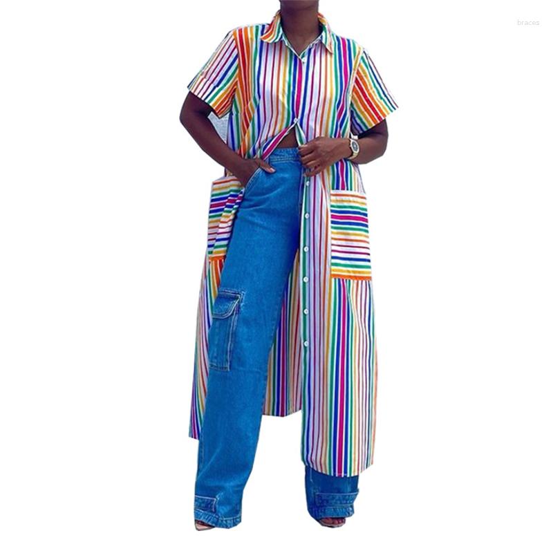 

Ethnic Clothing 2023 Summer Streetwear Girls's Dresses Stripe Printed Casual Short Sleeve Long Shirt For African Nigeria Women Robe