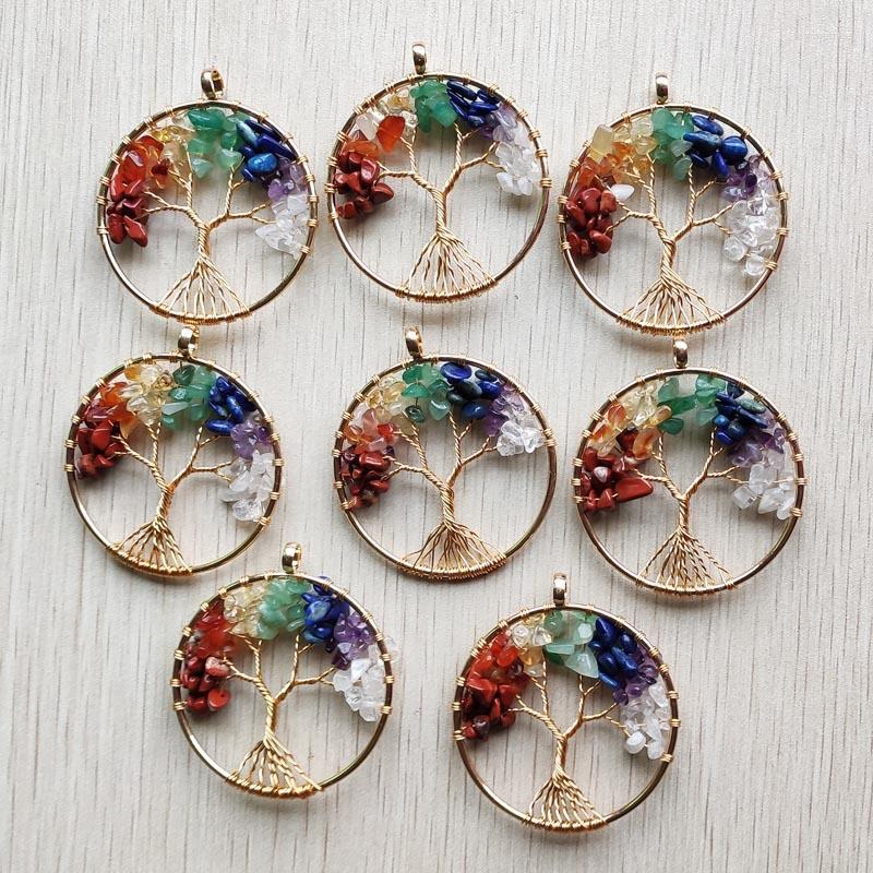 

Pendant Necklaces Wholesale 8pcs/lot 7 Chakra Stone Tree Of Life Handmade Gold Plated Wire Wrapped Pendants 50mm For Jewelry Accessories