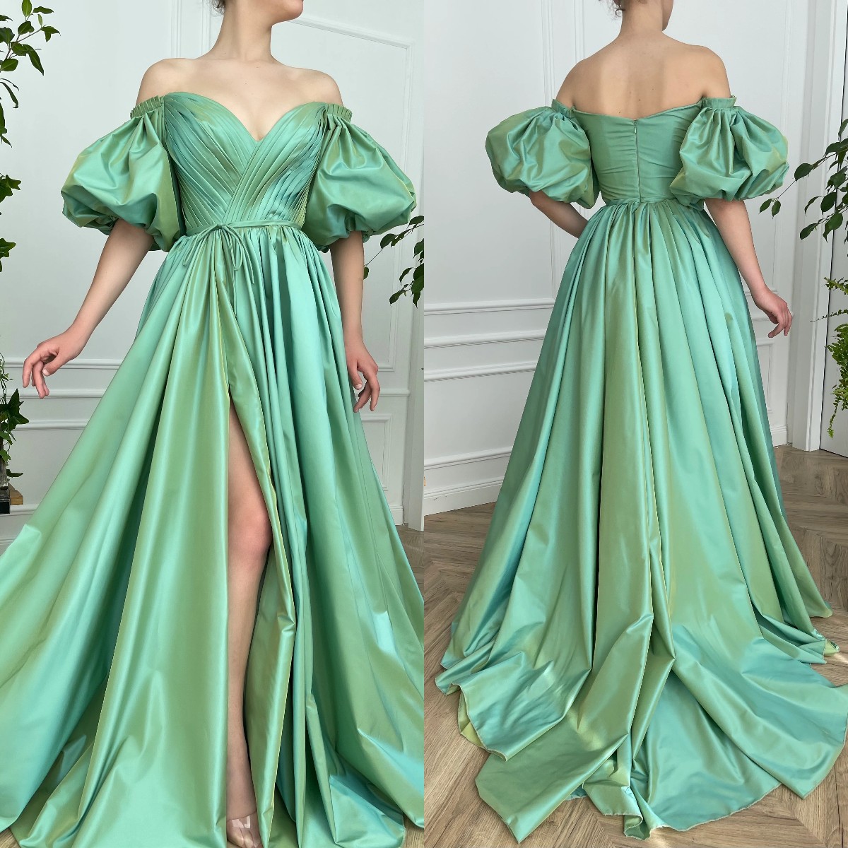 

Fashion Green Prom Dresses Off Shoulder Puffy Sleeves Evening Gowns Slit Pleats Formal Red Carpet Long Special Occasion Party dress, Customize
