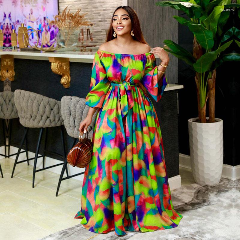 

Ethnic Clothing African Long Maxi Dress Women Slash Neck Lantern Sleeve Floral Print Party Casual Loose Belted Fashion Africaine Femme