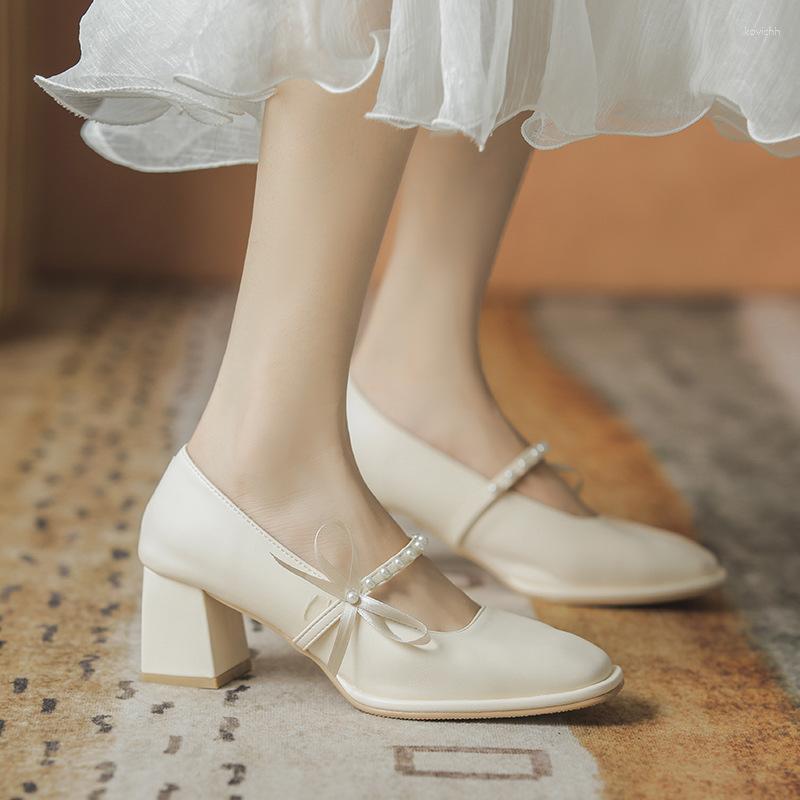 

Dress Shoes Ladies High Heels Bow Square Toe Fashion Pearl Lace Platform Mary Jane Elegant Pumps Thick-Heel Retro Leather, Style1-black