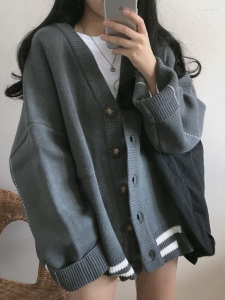 

Women's Knits Deeptown Knitted Cardigan Sweaters Women Preppy Style School Warm Tops Knitwear 2023 Autumn Korean Fashion Kpop Patchwork, Dark grey