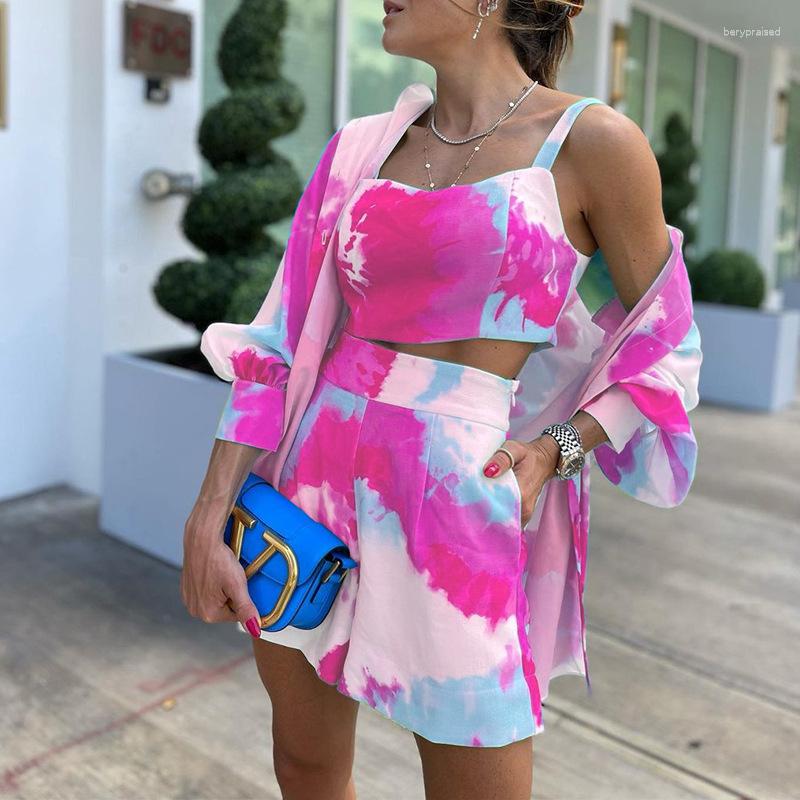 

Women' Tracksuits Outfits Tracksuit Women Spring Summer Elegant Tie Dye Print Loose Shirt Strap Crop Top Bra Wide Leg Shorts 3 Piece Set, Blue