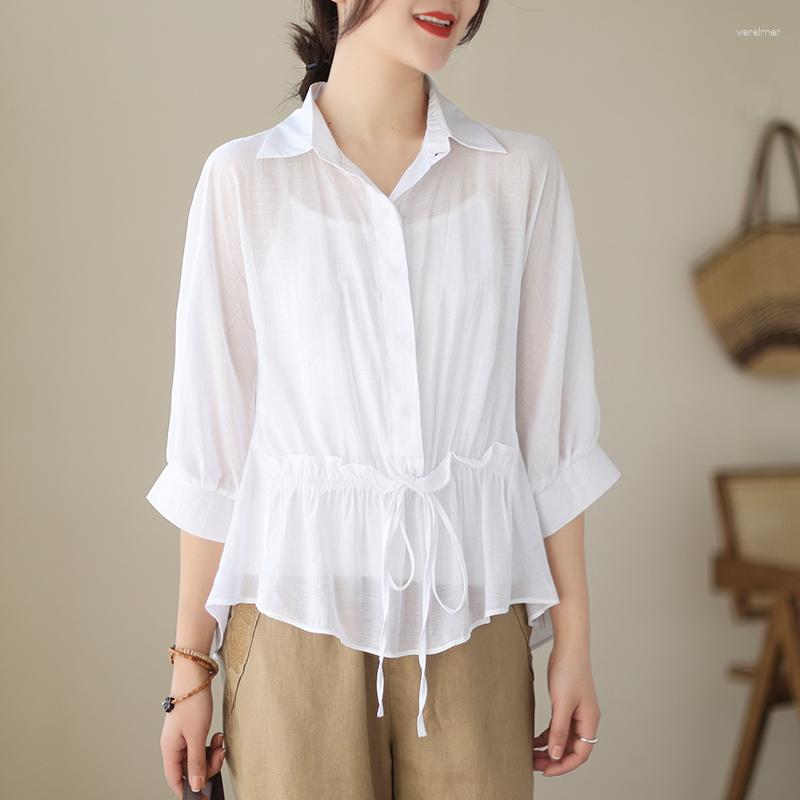 

Women's Blouses 2023 Summer Breathable Loose Sunscreen Cardigan Shirt Turn Down Collar Solid Tops Ruffles Bowtie Elegant Clothing, White