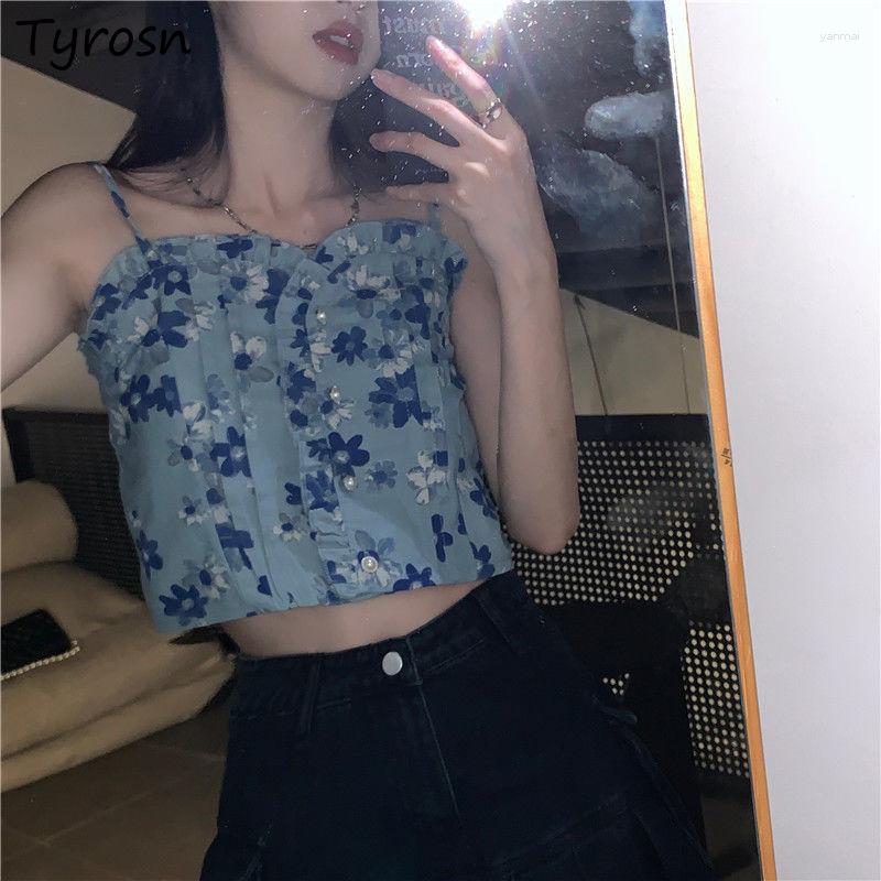 

Women' Tanks Camis Women Design Sexy Sleeveless Crop Top Blue Floral Sweet Camisole All-match Ruffles Button Underwear Tank Tops Mujer Chic