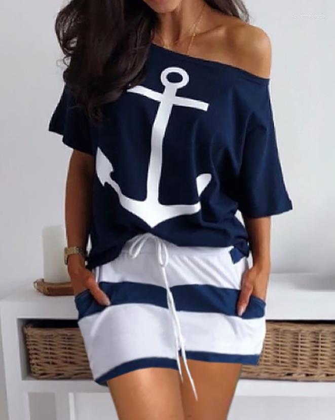 

Women' Tracksuits Daily Casual Women' Shorts Two-Piece Set 2023 Summer Anchor Printed Round Neck Short Sleeved Top&Striped