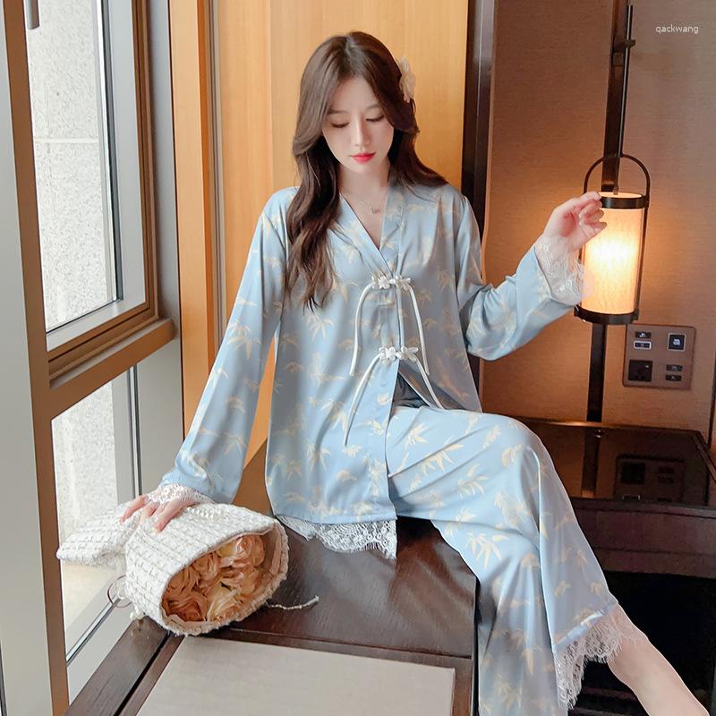 

Women's Sleepwear Women Chinese Style Nightwear Pajamas Vintage Frog Bamboo Two Piece Set Sexy Satin V-Neck Pjs Casual Pyjamas, Light blue