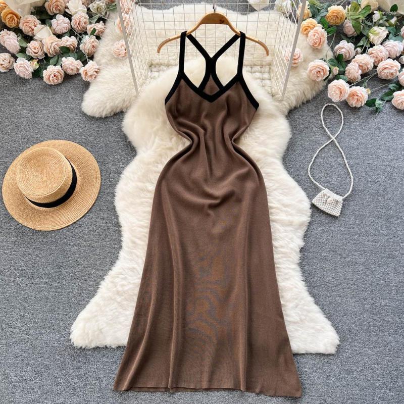 

Casual Dresses Maxi Long Summer Backless Elegant Sweet Chic Y2K Vintage Beach Korean Girl Festa Halter Patchwork Criss Cross, Black