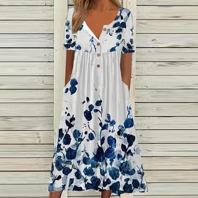 

Casual Dresses Vintage A Line Dress Women Fashion Short Sleeve Floral Print Sundress Button V Neck Pocket Party 2023 Summer Vestidos, Green