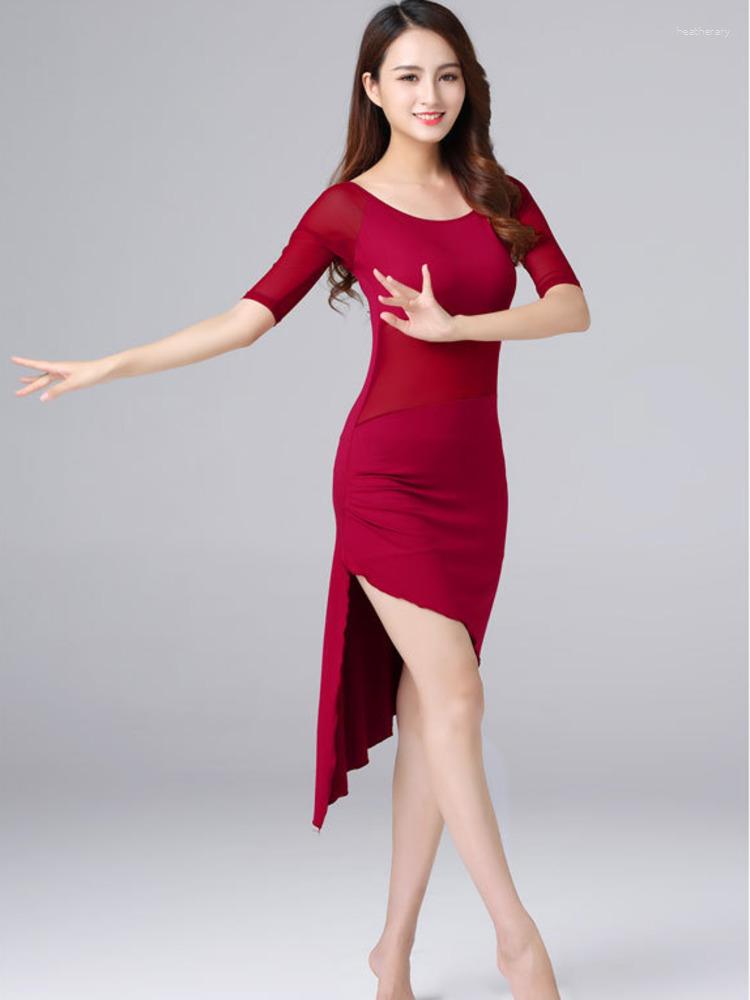 

Stage Wear Elegant Evening Dresses Tango Dress Latin Modal Clothes Solid Color Ballroom Dance Costume Woman Mesh Patchwork Line, Black