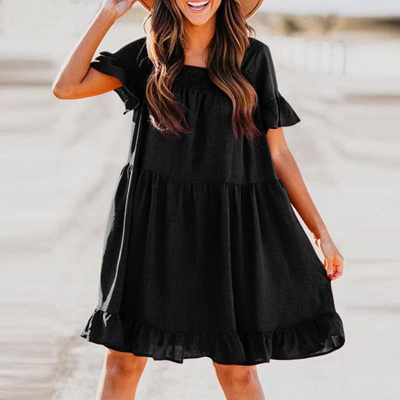 

Casual Dresses Women' Short Sleeve Square Neck Stitching A Line Skirt Loose Peplum Dress, Black