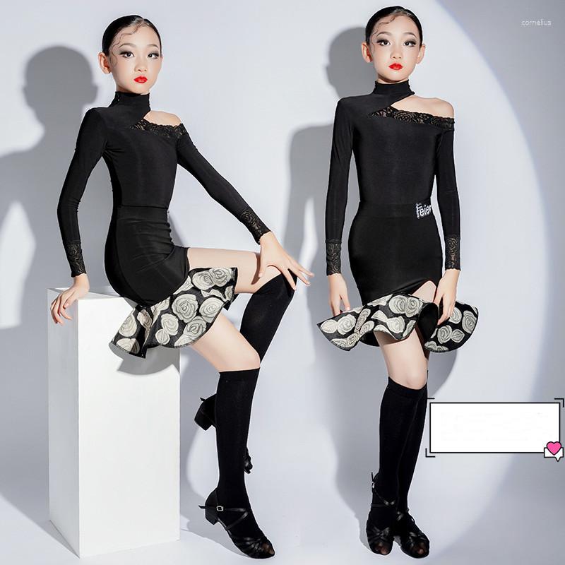 

Stage Wear Gril Latin Dance Clothes Cirls Spring And Autumn Long-sleeved Split Children Practice Performance Training Competition, Black