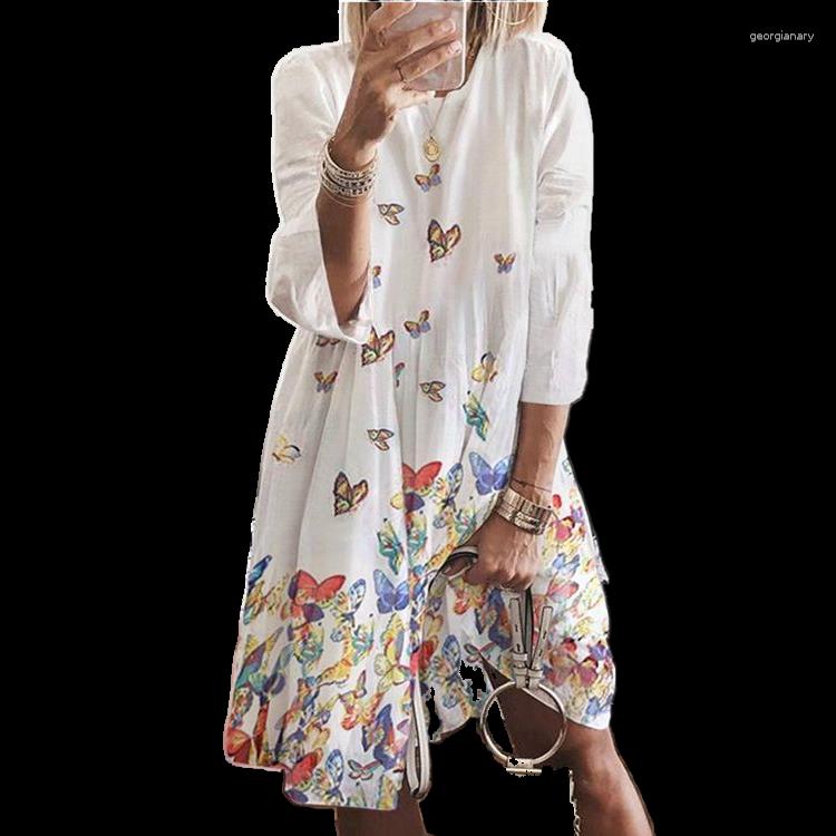 

Casual Dresses 2023 Women's Fashion Retro Butterfly Print O-neck Dress Commuting Loose Spring And Summer Female Lady